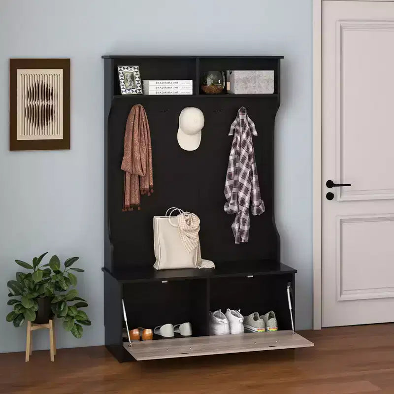 63" Hall Tree with Coat Rack, Storage Bench & Cabinet, Black/White