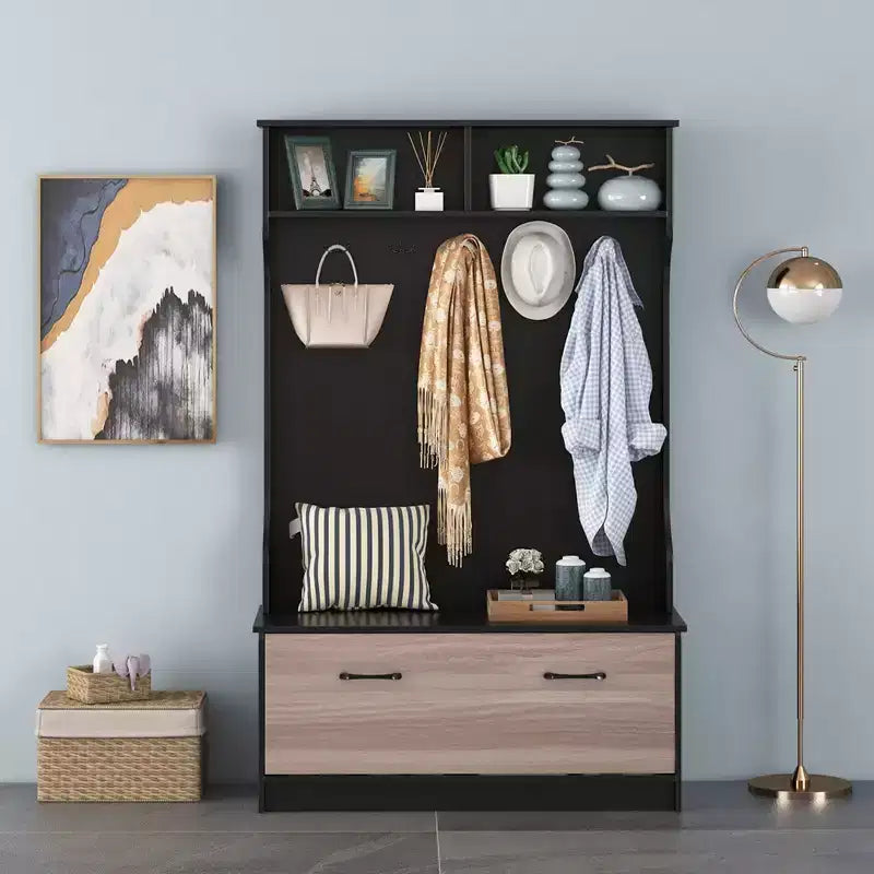 63" Hall Tree with Coat Rack, Storage Bench & Cabinet, Black/White