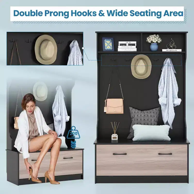63" Hall Tree with Coat Rack, Storage Bench & Cabinet, Black/White