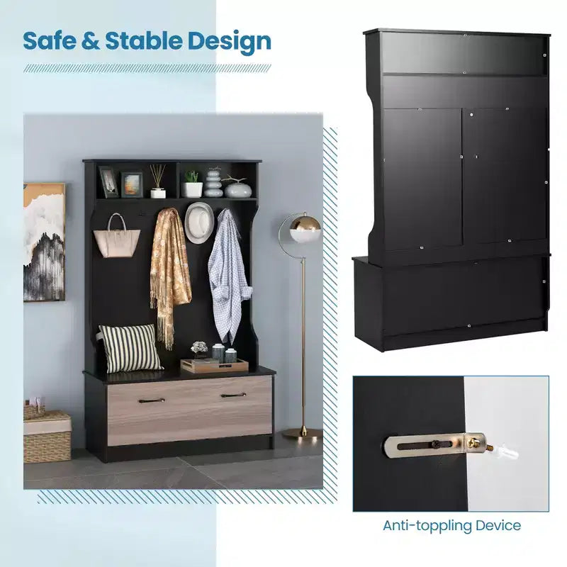 63" Hall Tree with Coat Rack, Storage Bench & Cabinet, Black/White
