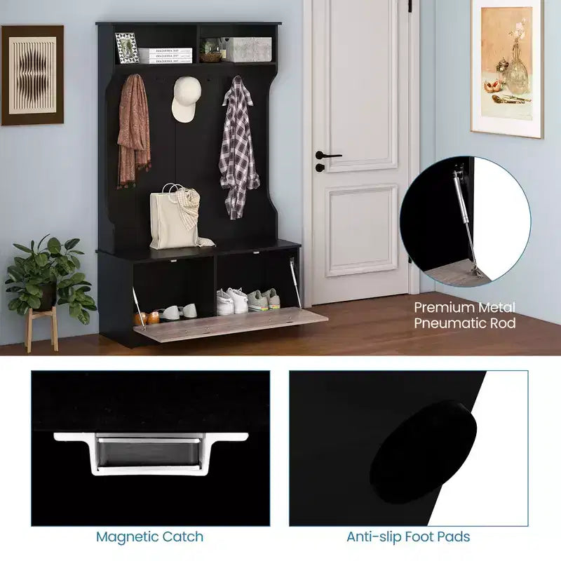 63" Hall Tree with Coat Rack, Storage Bench & Cabinet, Black/White