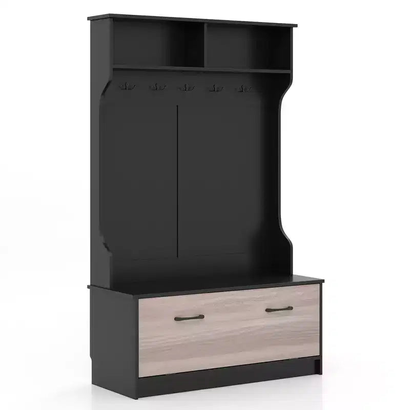 63" Hall Tree with Coat Rack, Storage Bench & Cabinet, Black/White