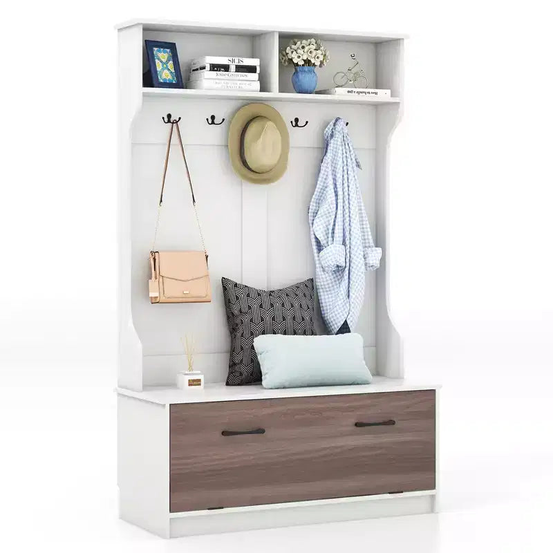 63" Hall Tree with Coat Rack, Storage Bench & Cabinet, Black/White